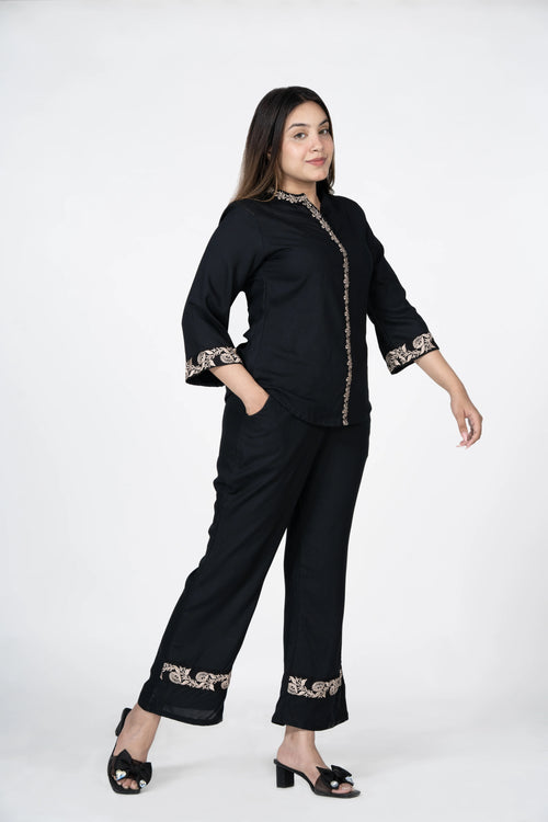 Black Floral Embroidered Viscose Rayon Co-Ord Set for Women