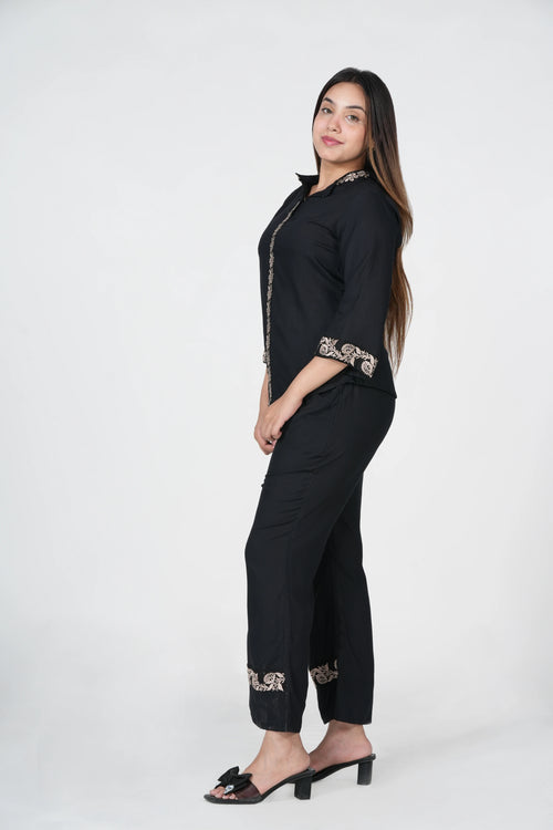 Black Floral Embroidered Viscose Rayon Co-Ord Set for Women