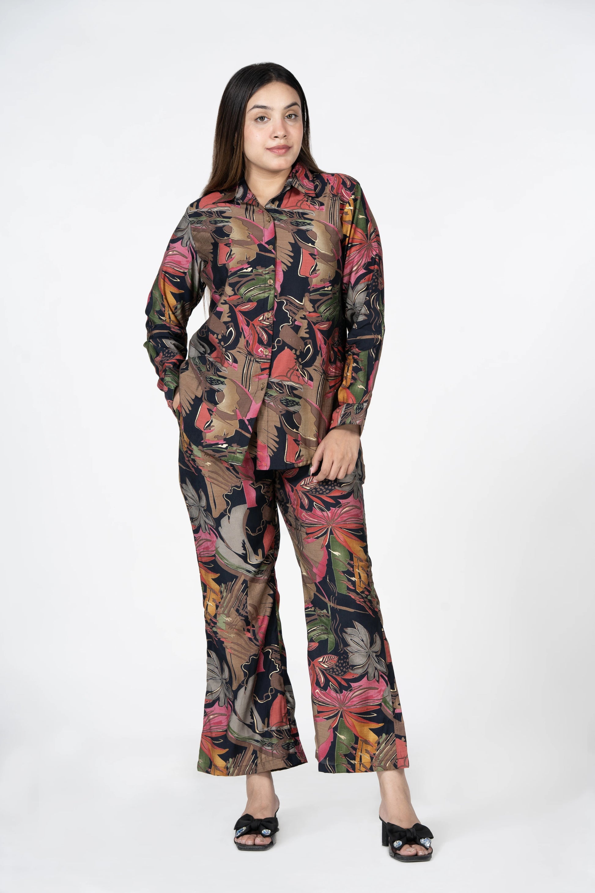 Offbeat abstract – floral printed shirt collar tunic with trousers co-ord set