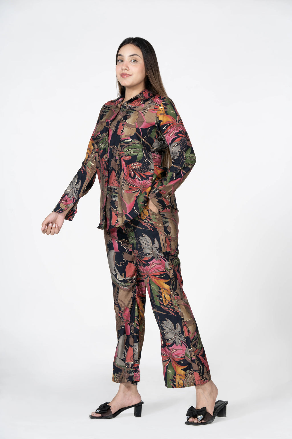 Offbeat abstract – floral printed shirt collar tunic with trousers co-ord set
