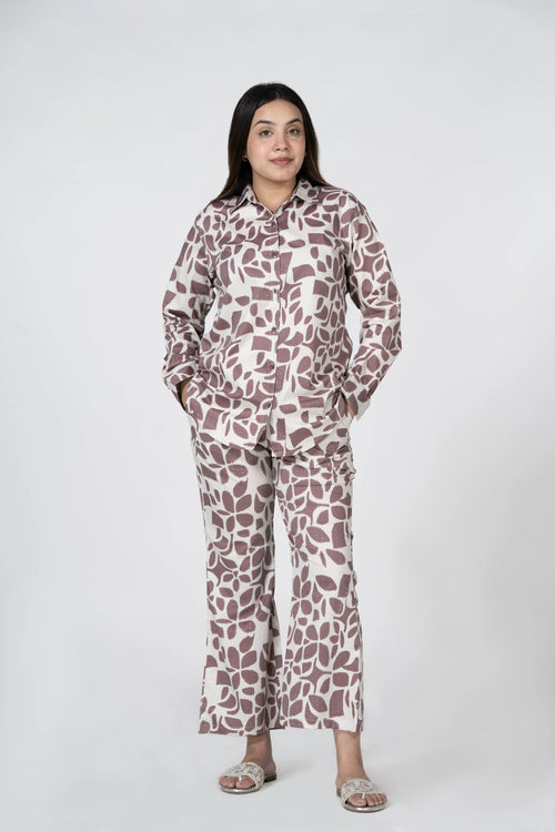 Brown & White Self-Design Co-Ord Set for Women